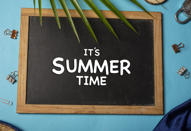 这是夏季的旗帜，蓝色的旗帜上有热带树叶图片下载