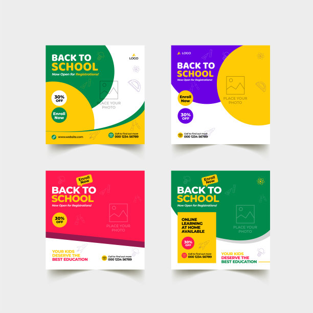 回到学校的孩子教育社交媒体张贴模板和录取网页横幅设计布局图片下载