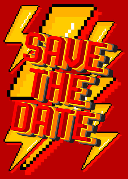 保存日期。像素字与几何图形背景。图片下载