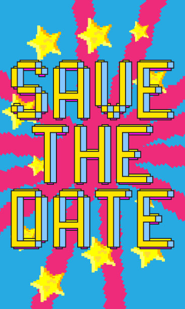 保存日期。像素字与几何图形背景。图片下载