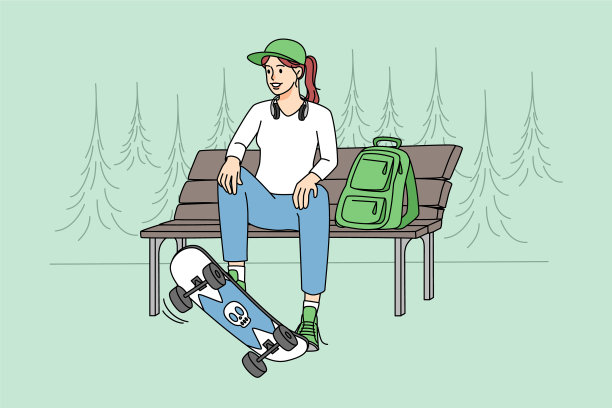 十几岁的女孩拿着滑板坐在长椅上图片下载