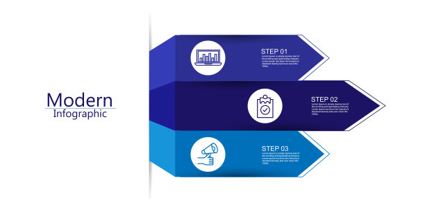 现代信息模板。大纸箭头3条蓝色横条。可用于图形、图表、报告、演示图片下载