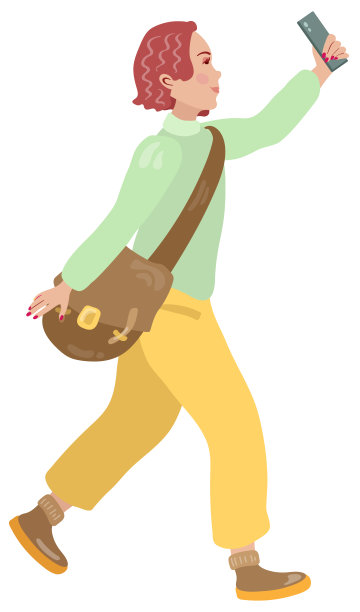 可爱的女孩在奔跑中自拍。手绘矢量插图。适用于网站、贴纸、明信片。图片下载