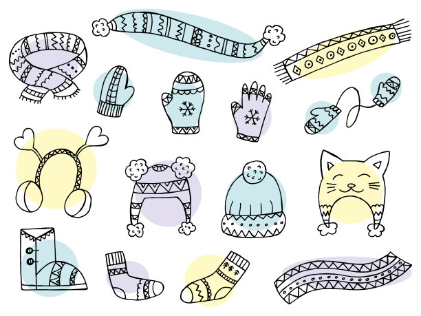 手绘冬季服装涂鸦矢量素材（2023新年圣诞节元素）图片下载