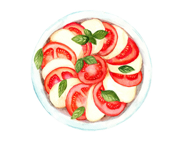 盘中有马苏里拉芝士，番茄和罗勒叶图片下载