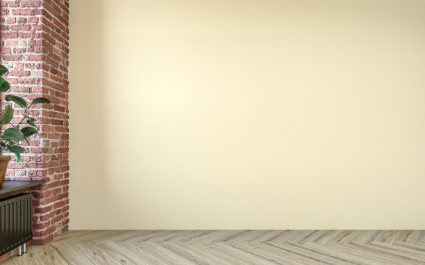 空荡荡的怀旧复古客厅，没有家具，有一面香草黄色的灰泥墙和一面残破的砖墙图片下载