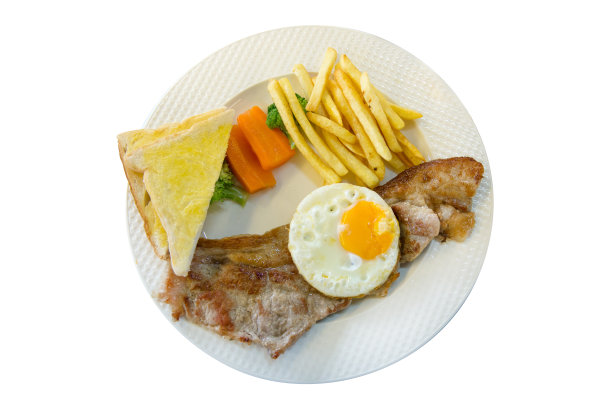 猪排的俯视图配上炸薯条，煎蛋，白盘子上的吐司，

重点选择图片下载