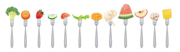 一套健康食物的叉子。水果和蔬菜。健康饮食。饮食。Vegeterian餐。有机产品。平面向量插图。图片下载