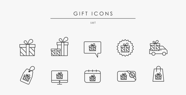 一套相关的礼物图标。各种礼物图标是孤立的白色背景的节日和圣诞节。矢量礼品符号单独用于营销和生日。可编辑的笔画线性礼物图标图片下载