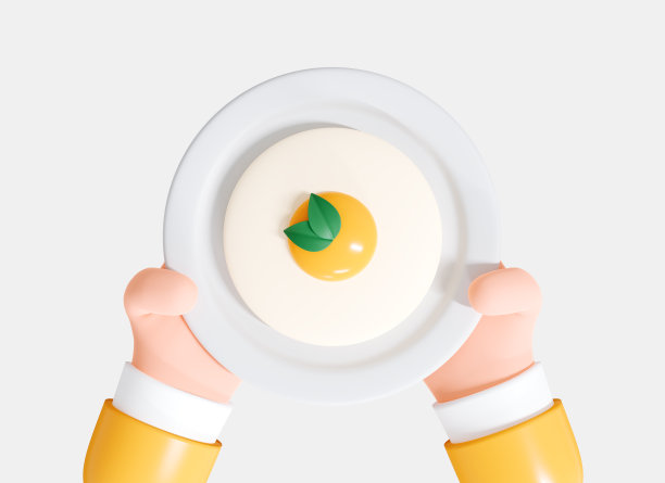 3D卡通服务员或厨师的手拿着盛着煎蛋的盘子。提供英式早餐。菜单的俯视图插图。低聚创意设计孤立在白色背景。三维渲染图片下载