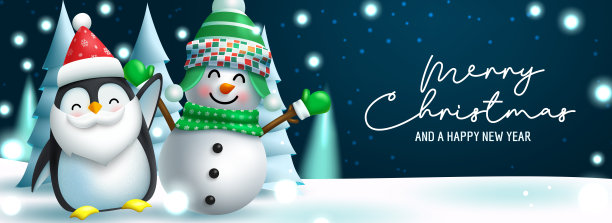 圣诞人物问候矢量设计。圣诞快乐短信与可爱的雪人和企鹅字符在冬季前夕圣诞假期的消息。图片下载