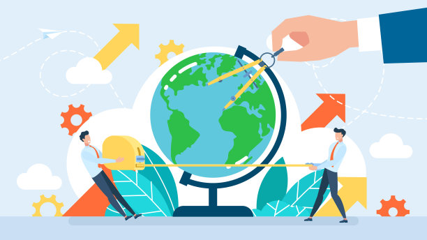 一个人手里拿着指南针，在地球仪上测量距离。微小的字符用卷尺在世界地图上测量距离。旅行持续时间。平的风格。矢量插图。图片下载