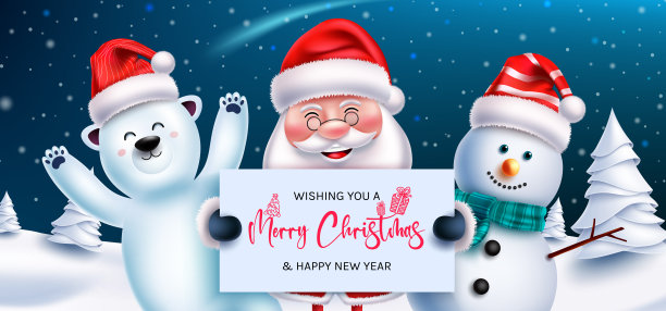 圣诞人物矢量设计。圣诞老人，雪人和北极熊的角色在冬夜与圣诞庆祝快乐的圣诞祝福。图片下载