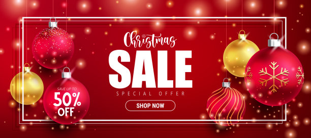圣诞销售矢量横幅设计。圣诞特卖优惠文本与季节元素的球圣诞购物节日促销。图片下载