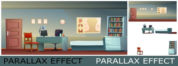 医生在晚上上班。办公桌上有扶手椅和电脑。病人用的沙发和椅子。图片来自图层，用于叠加视差效果。卡通风格的插图。向量。图片下载