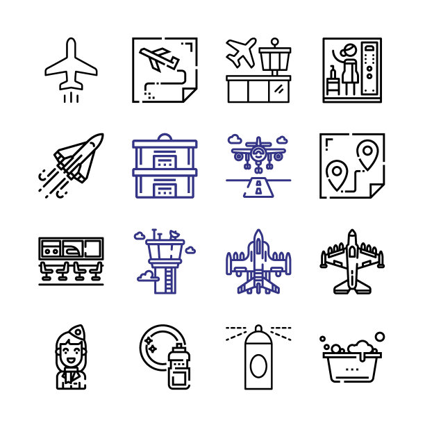 jet Icon设置与线条图标。现代细线风格。适合Web和移动图标。矢量插图EPS 10。图片下载