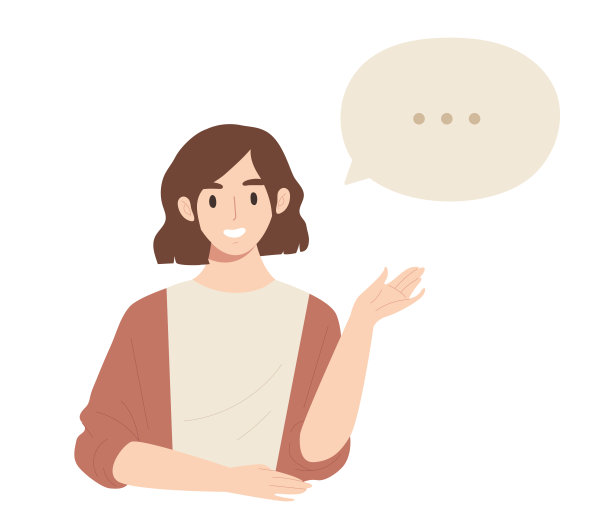 年轻开朗的女性微笑着指着有三个点的语音泡泡。图片下载