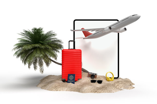 旅行箱配件，基本度假项目的背景。冒险旅游暑期度假旅游概念设计横幅与文案空间。三维渲染图片下载