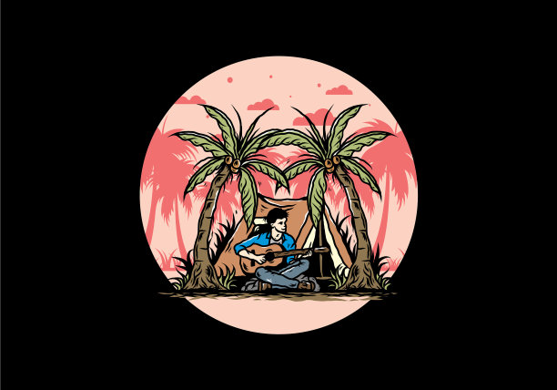 椰子间的帐篷前，男人拿着吉他图片下载