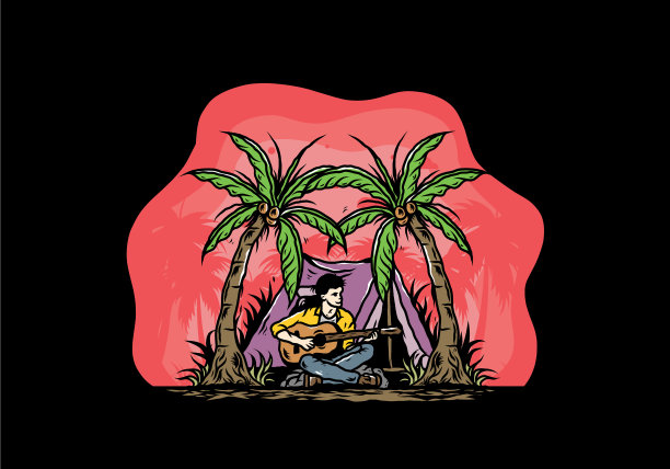 椰子间的帐篷前，男人拿着吉他图片下载