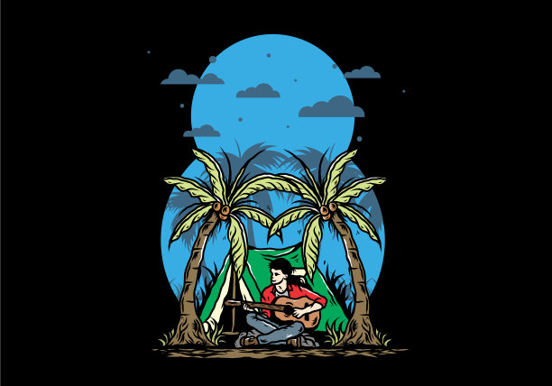 椰子间的帐篷前，男人拿着吉他图片下载