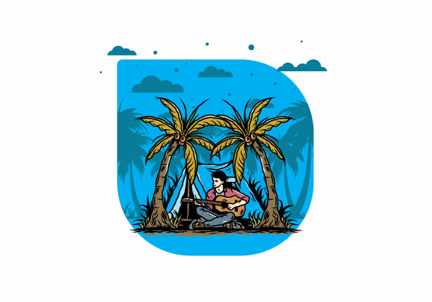 椰子间的帐篷前，男人拿着吉他图片下载