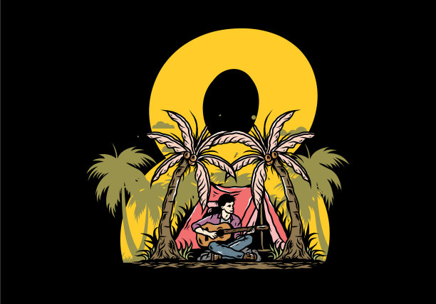 椰子间的帐篷前，男人拿着吉他图片下载