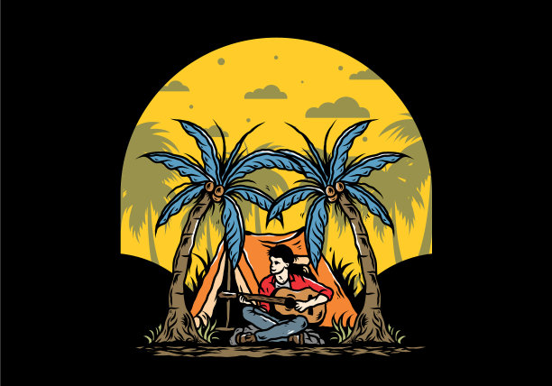 椰子间的帐篷前，男人拿着吉他图片下载