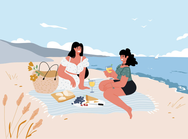 两个闺蜜一起在海滩上野餐图片下载