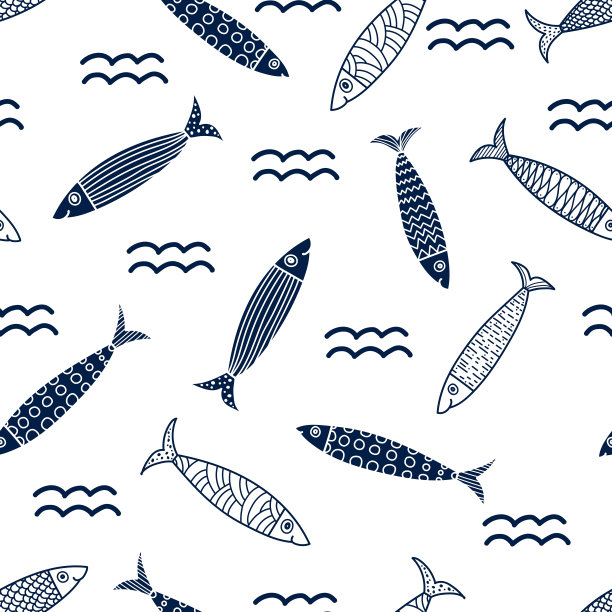 可爱的沙丁鱼和海浪无缝图案图片下载