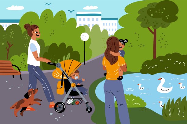 妈妈们在城市公园散步。大自然中带着孩子的女人。人放松的户外。婴儿推车。鸭子池塘和植物。家庭休闲。带着幼儿的家长。花哨的向量概念图片下载