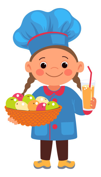 微笑的女孩与健康的食物。小厨师配上水果和果汁图片下载