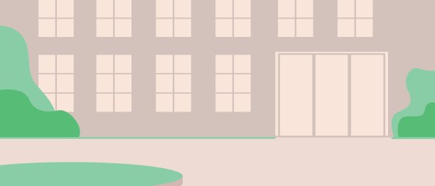 学校或房子的入口和没有人，平面矢量库存插图与外部建筑，设计和叠加的背景图片下载