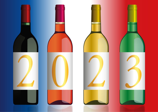 2023年份写在四瓶不同颜色的葡萄酒上。图片下载