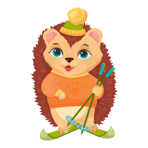 一只可爱的刺猬在滑雪。寒假。快乐的豪猪。矢量插图在白色背景。图片下载