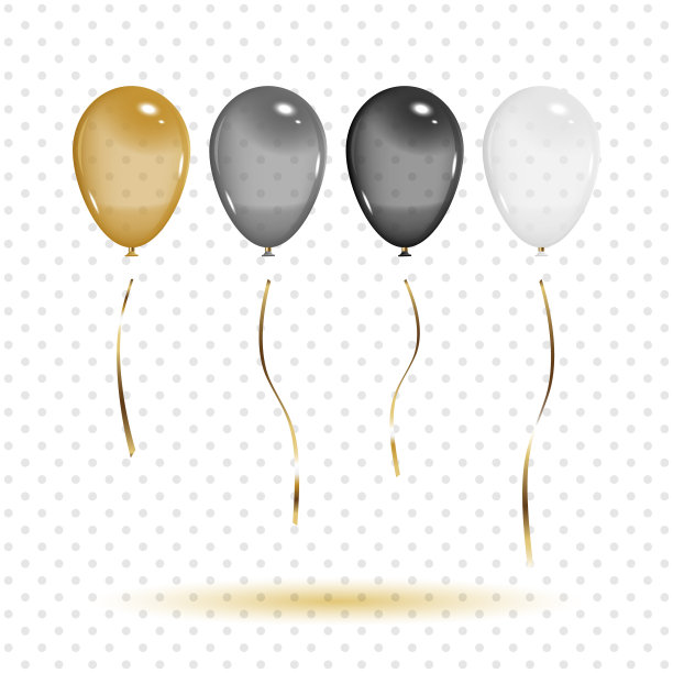 气球在金，银，黑，白色透明的颜色与4种风格分开的金丝带。孤立的灰点背景与阴影，模拟模板对象。逼真的3D矢量插图。图片下载