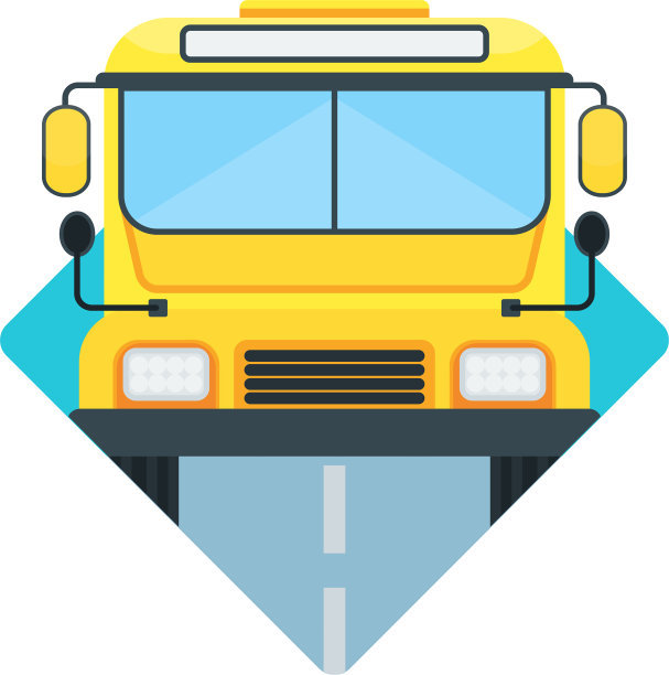 黄色校车正面视图。运送学生。图片下载