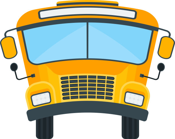 黄色校车的正面视图与弯曲的屋顶。图片下载