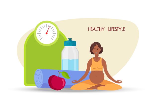 孕期健康的生活方式。健身配件，苹果，垫子，天平，瓶子。怀有身孕的非洲裔美国妇女摆莲花坐姿。穿着运动服的女人在做瑜伽。女性健康的生活方式图片下载