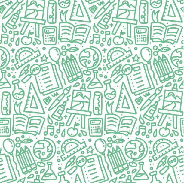 手绘单色涂鸦学校用品图标无缝图案。教育设计元素绿色白色背景为孩子。回到学校矢量手绘插图。图片下载