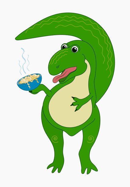 雷克斯暴龙拿着一碗面站着。图片下载