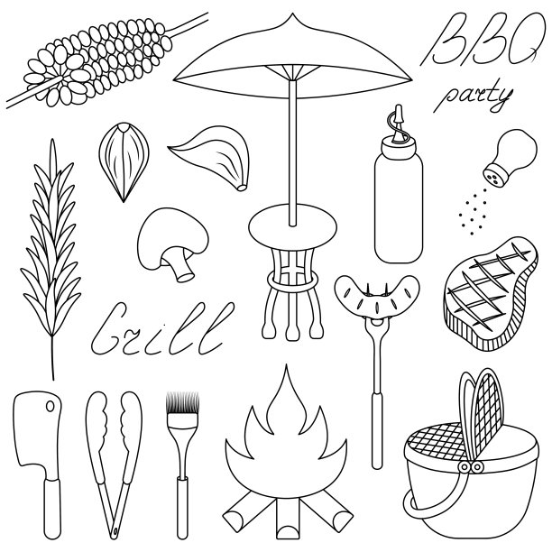 户外娱乐套装。草图。收集烧烤矢量插图。篝火，篮子，玉米，牛排。图片下载