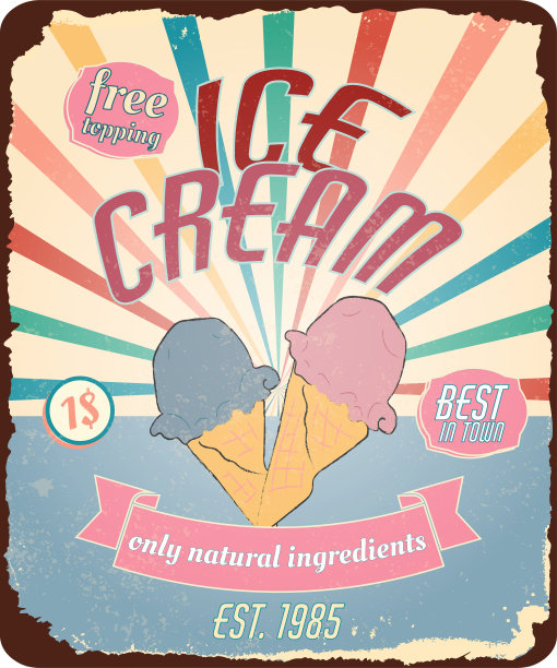 复古破旧，有点生锈的广告横幅。新鲜天然美味的冰淇淋。矢量图图片下载