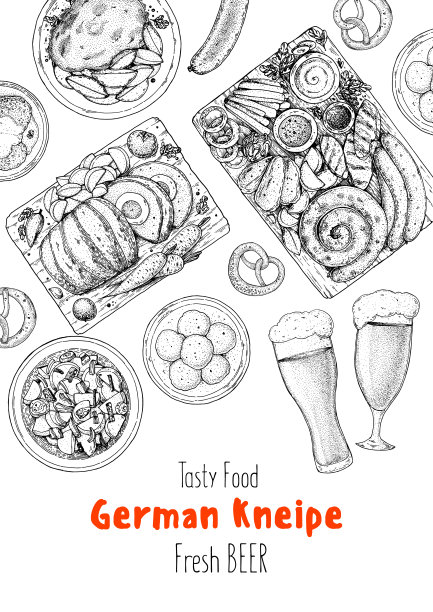 德国的食物。啤酒节菜单。德国菜。素描风格。菜单设计模板。手绘矢量插图。食物和饮料素描。黑色和白色。雕刻风格图片下载