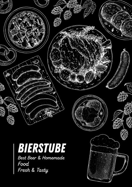 德国的食物。啤酒节菜单。德国菜。素描风格。菜单设计模板。手绘矢量插图。食物和饮料素描。黑色和白色。雕刻风格图片下载