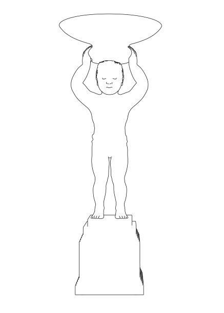 一个头上顶着一个大碗的男孩雕塑的轮廓，用黑线孤立在白底上。前视图。矢量插图。图片下载