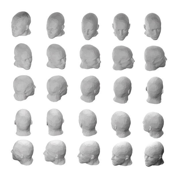 与男性头部模型在不同位置隔离在白色背景。头部转动15度。等距视图。3 d。矢量插图。图片下载