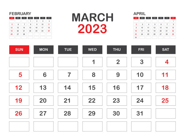 日历2023模板简约风格，2023年3月模板，桌面日历2023年，墙日历，星期从周日开始，规划师，印刷媒体，海报，广告，红色背景向量图片下载