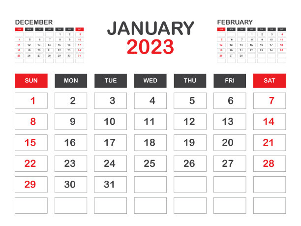 日历2023模板简约风格，2023年1月模板，桌面日历2023年，墙日历，星期从周日开始，规划师，印刷媒体，海报，广告，红色背景向量图片下载