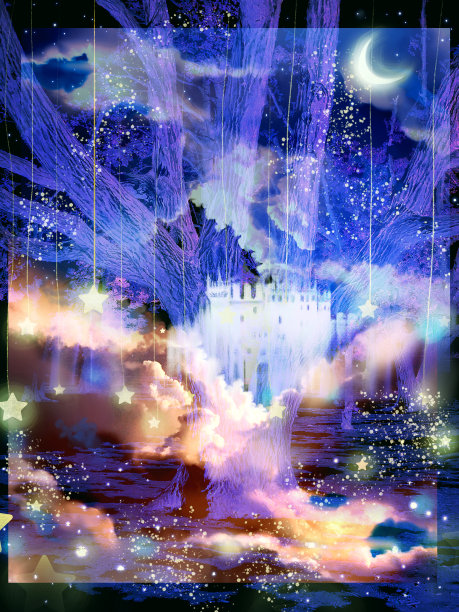 古老的欧洲城堡在一棵老树的剪影上的幻想背景插图，月亮和星星在美丽的夜空中闪烁图片下载